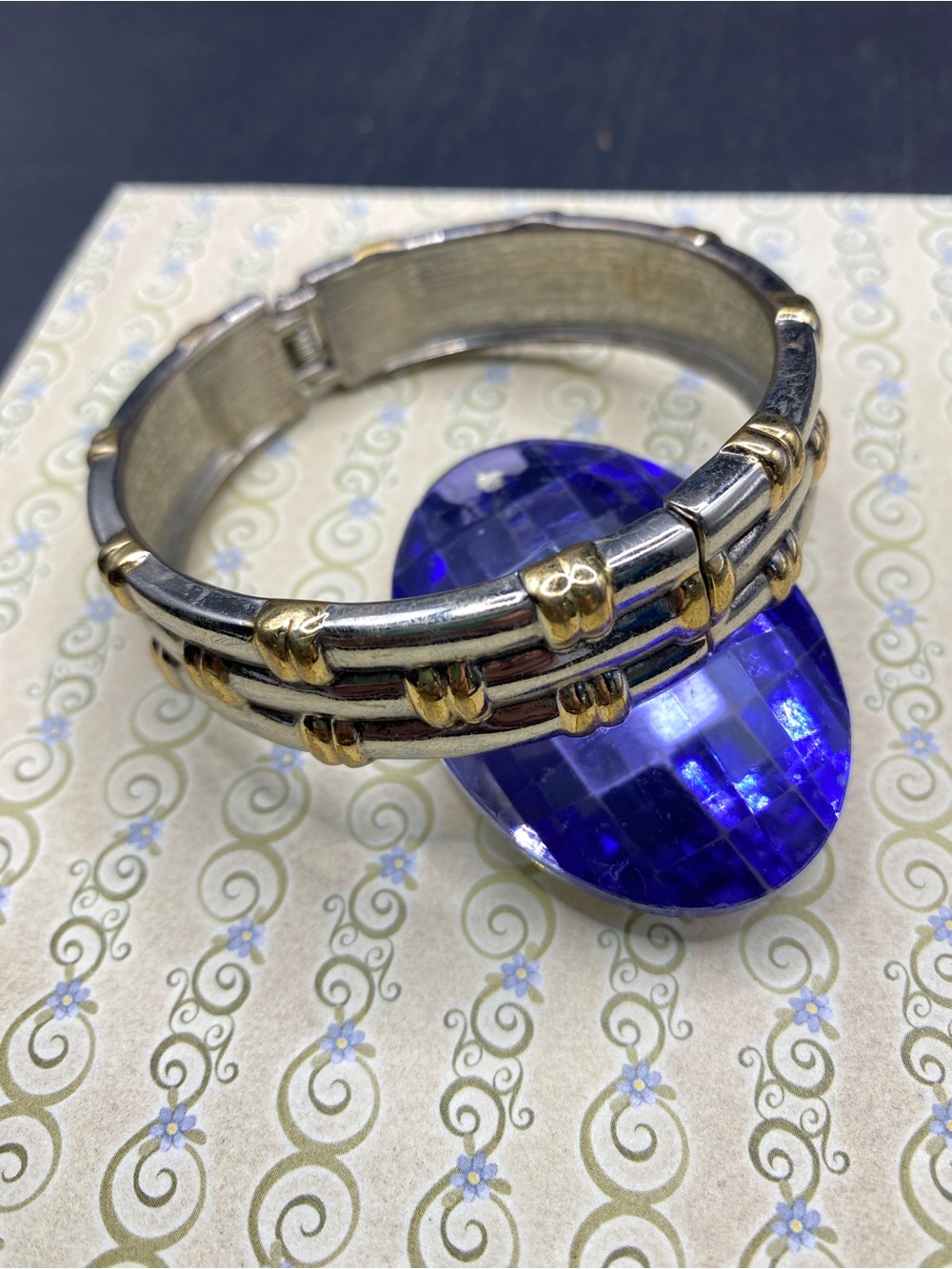 Vintage Hinged Silvertone Mixed Metals Hinged Clamper Bracelet Bangle
